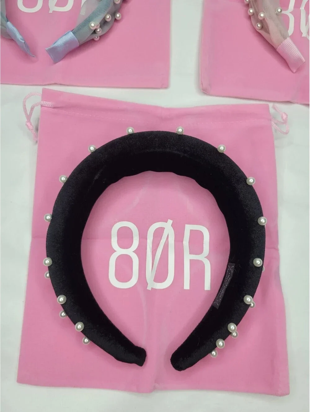 Lot of 3 Faux Pearl Jeweled Headband w/Pouch black pink blue by 8 Other Reasons
